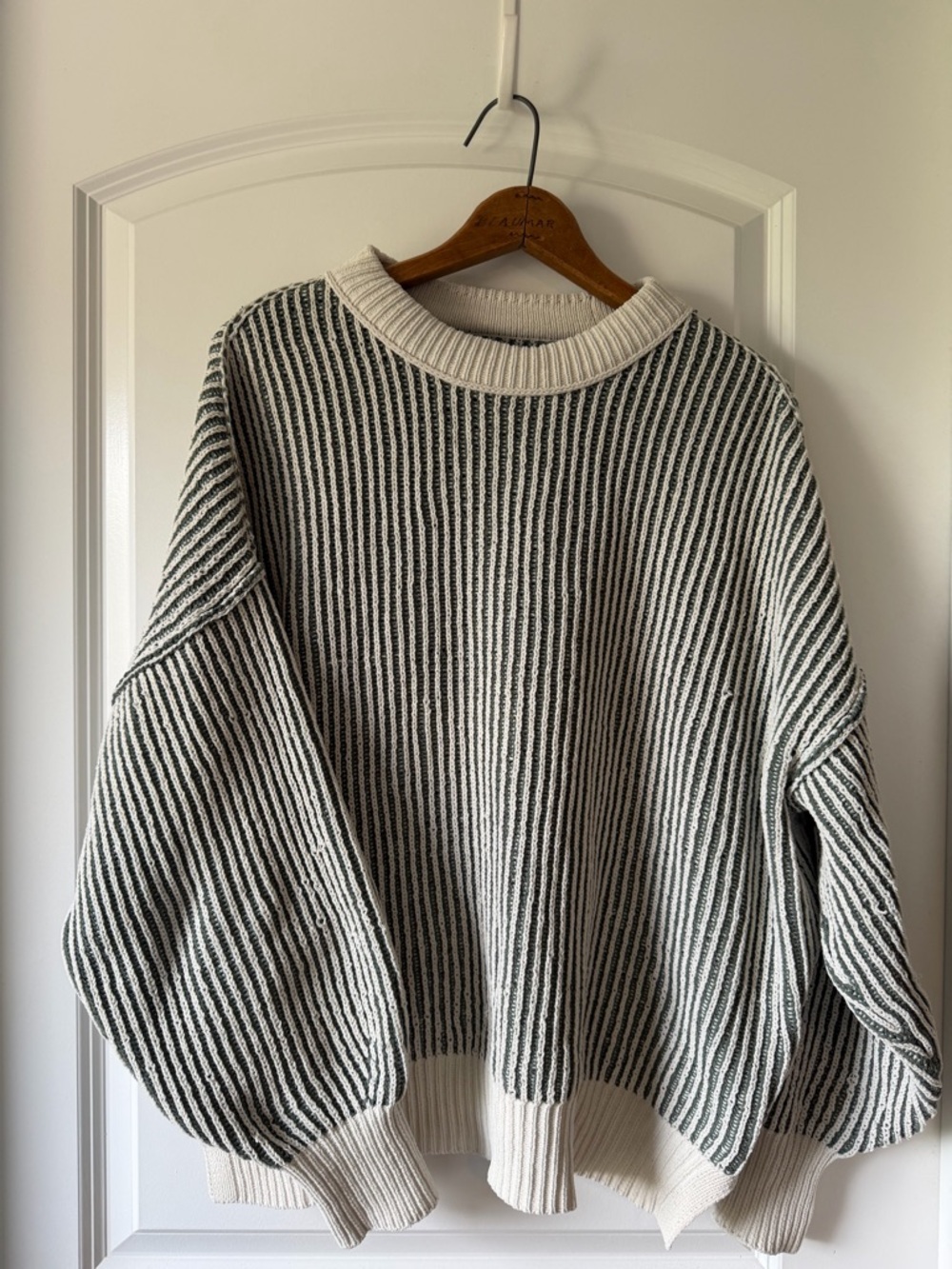 aerie Oversized Chunky Striped Fisherman Bubble Sleeve Crewneck Sweater